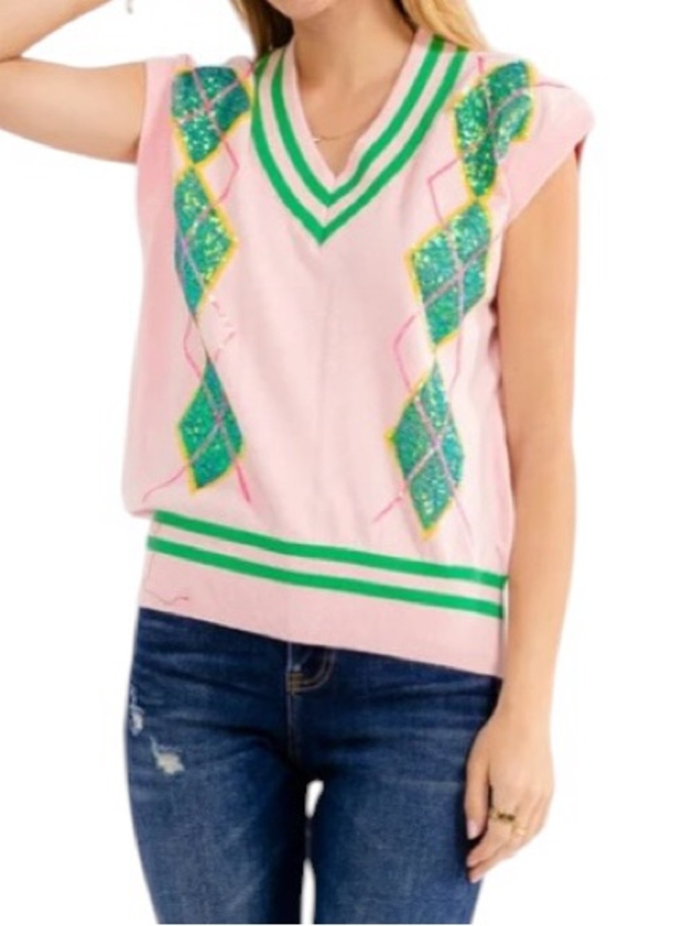 Fantastic Fawn Argyle Inspired Sleeveless V-Neck Sequins Light Weight Knit Top